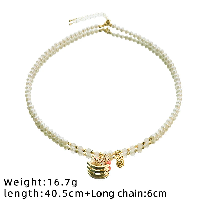 Natural Freshwater Pearl Pink Rocking Horse Jewelry Set for Women Birthday Gift Necklace Bracelet Earrings Ring Dainty Jewelry