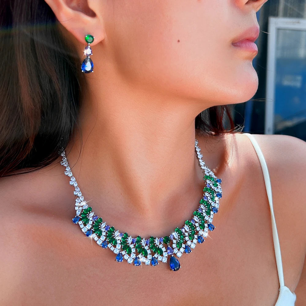 Vintage Shiny Blue Green Cubic Zirconia Necklace Earrings Luxury Water Drop Bridal Wedding Evening Party Jewelry Set for Women