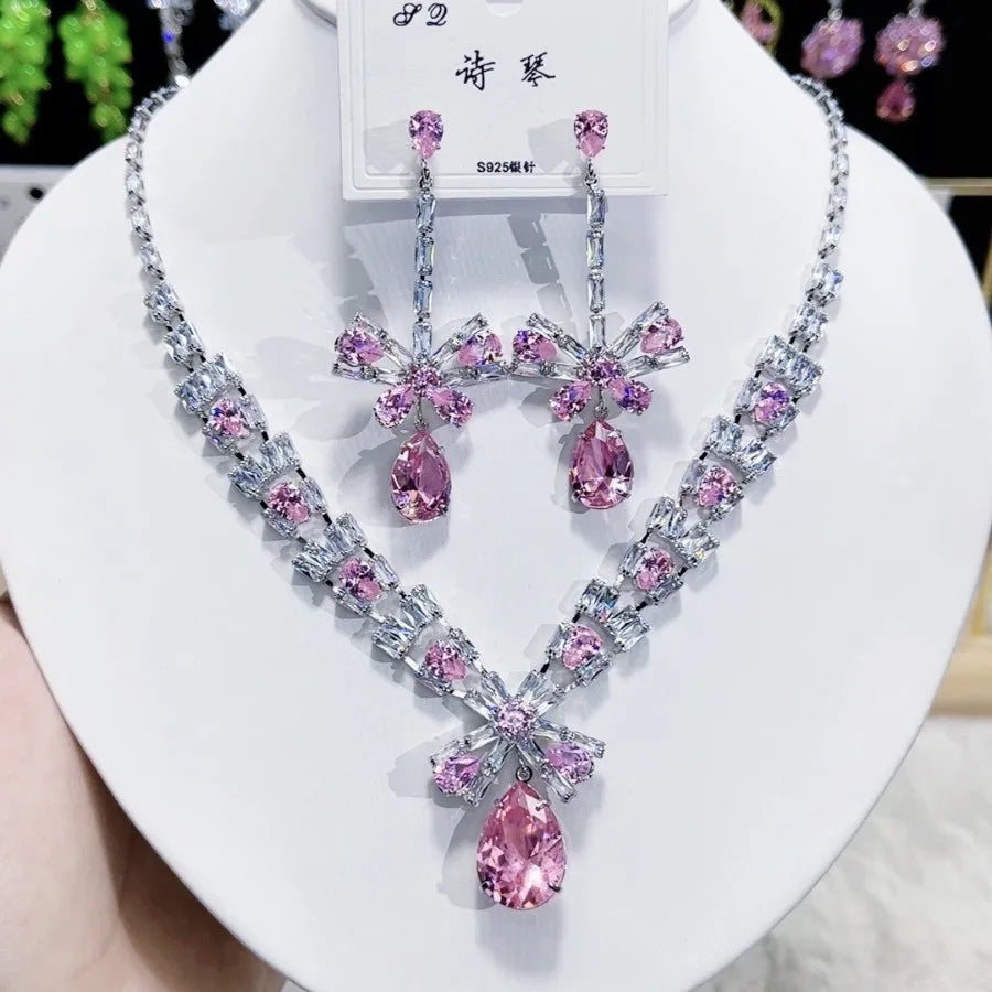 K075 High End Women Trendy Luxurious Butterfly Yellow Zircon Bridal Necklace Earrings Set Wedding Elegant Jewelry Set