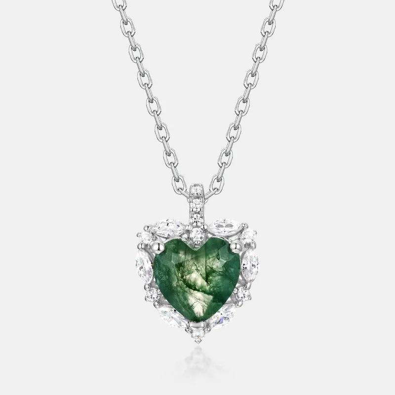 Factory Wholesale Rhinestone Inlaid Green Moss Heart Pendant Clavicle Chain S925 Sterling Silver Necklace for Women