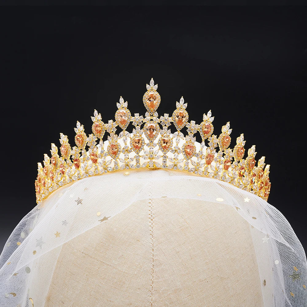 014129 Luxury Color Cubic Zircon Crystal Crowns for Women Tiara Queen for Wedding Bridal Headpiece Hair Jewelry Accessories