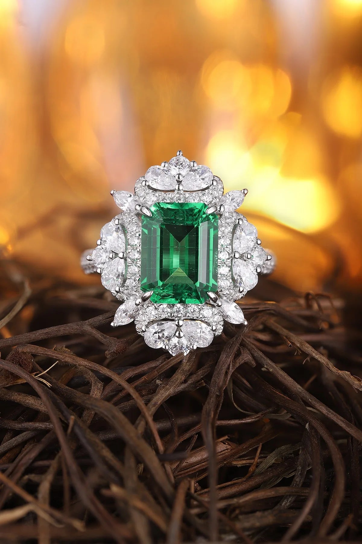 Gemfiori Anster 925 Sterling Silver High Quality Gemstone 3.2ct Lab Created Zambia Emerald Cut Ring Jewelry