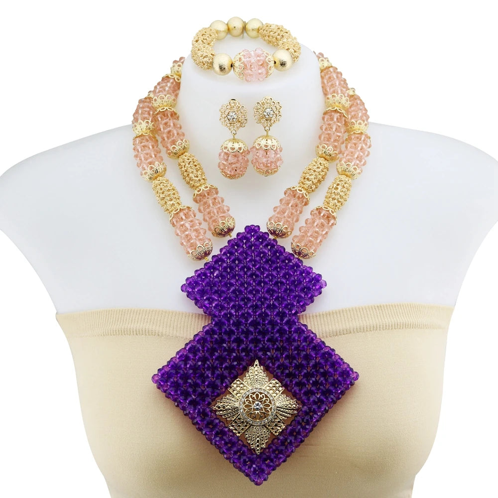 Zhuerrui Traditional Nigerian Red Bead Necklace Set Gold-Plated African Jewelry Embellished with Crystals for Parties YL111