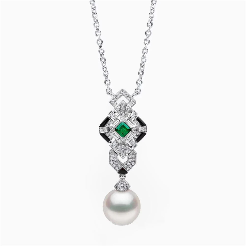 S925 Silver Freshwater Pearl & Zircon Earring Necklace Set Luxurious Geometric Lines Design Fine Jewelry for Gift