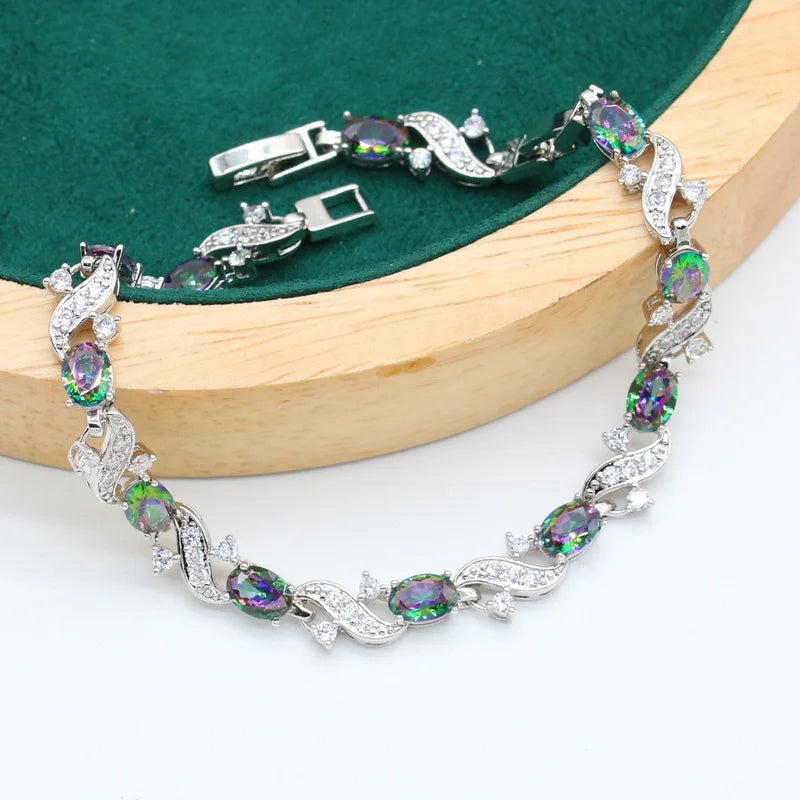 XOTICA Dubai Rainbow Zircon Silver Jewelry Set Ladies Long Earrings Ring Bracelet for Parties Engagements Christmas Gift