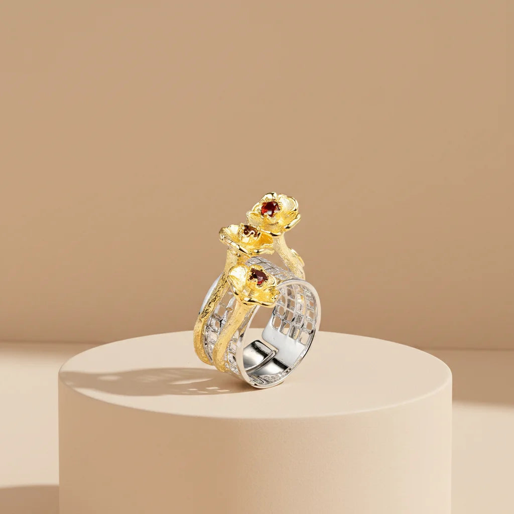 Adjustable Women Jewelry Flower 925 Sterling Silver Ring with 14K Gold Plated
