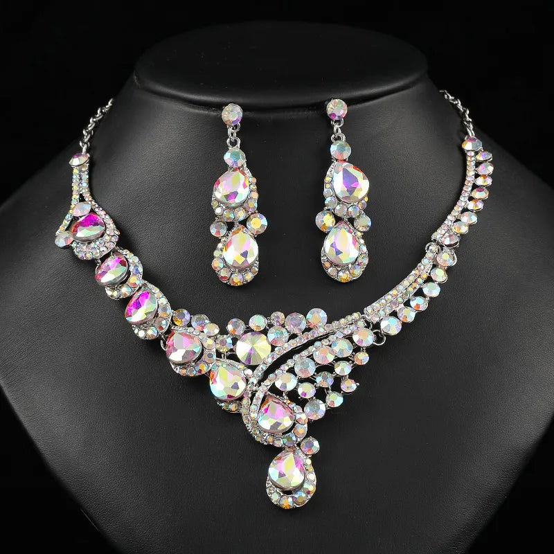 Retro Luxury Crystal Necklace & Earrings Jewellery Set | Rhodium & Gold Plated Banquet Fashion Set