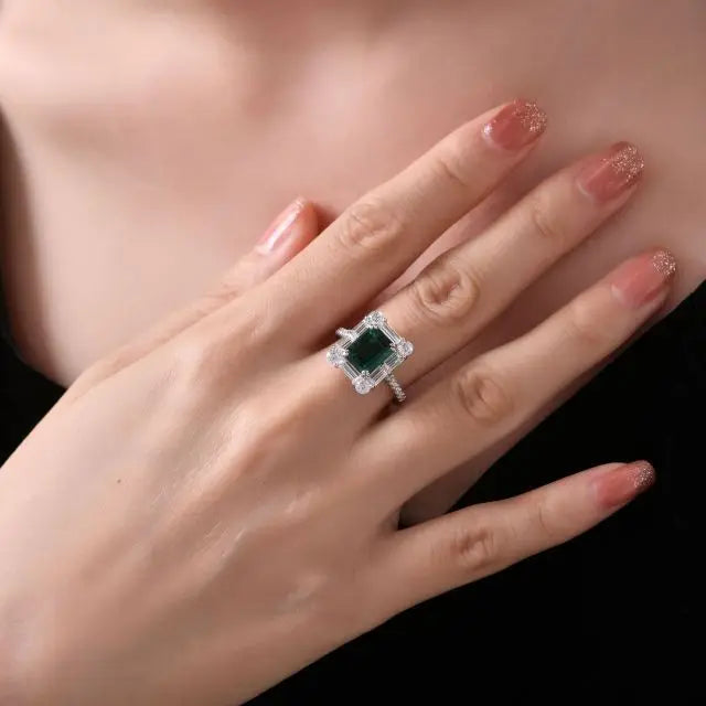 ArtistA S925 Sterling Silver Jewelry High Quality Rectangular Lab Grown Emerald Green Gemstone Rings Earring Necklace Jewelry Set