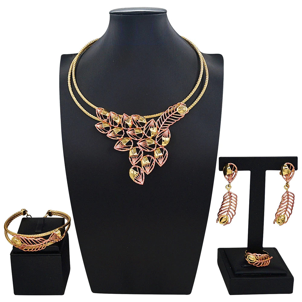 Zhuerrui New Arrival Leaf Design Gold Plated Jewelry Set Women Bride Prom Fashion Necklace Earrings Bracelet Set X007730