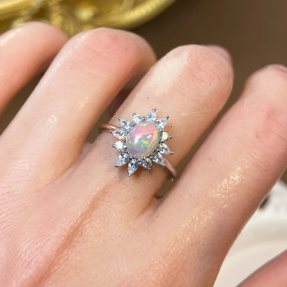 Gioiellieri High Quality Natural Opal Rhodium Plated Luxury 925 Sterling Silver Prong Set Certified Gemstone Ring for Women Everyday Wear