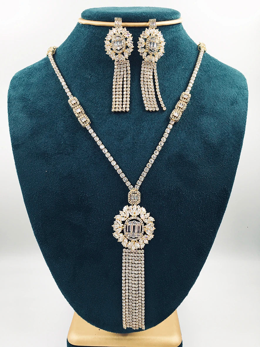 UAE 2PCS Luxury Long Tassel Jewelry Set for Women Wedding Cubic Zircon CZ African Dubai Bridal Jewelry