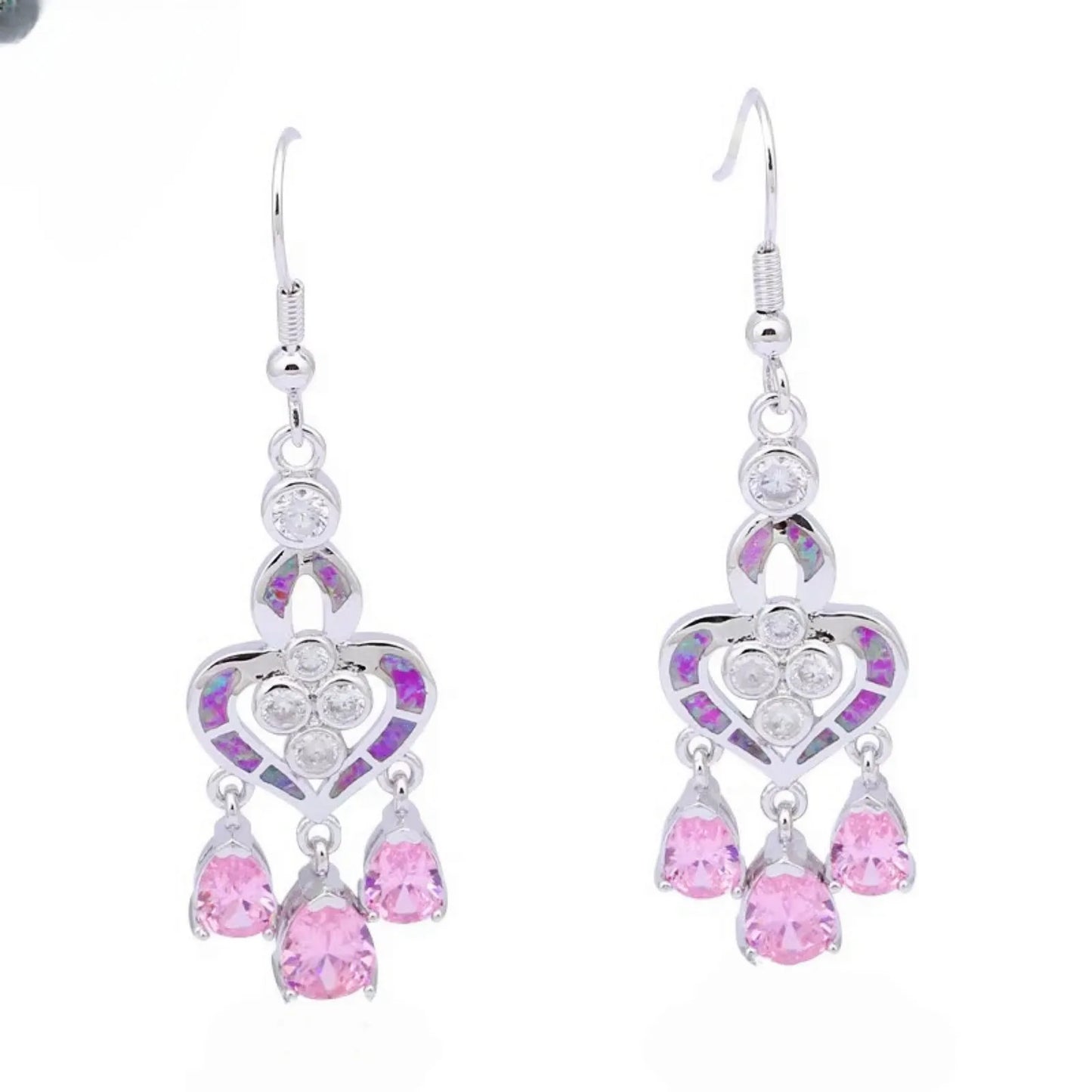 Ornate Heart Opal & Amethyst Drop Earrings - Blue Opal Inlay & Purple Gem Tassels | Glam Party Jewelry Bulk Gifts