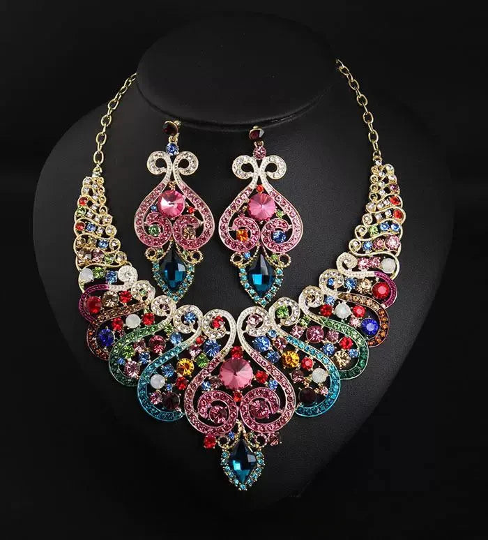 Luxury Princess-Cut Zirconia & Pearl Floral Statement Necklace & Drop Earrings Bridal Set — Gold Plated