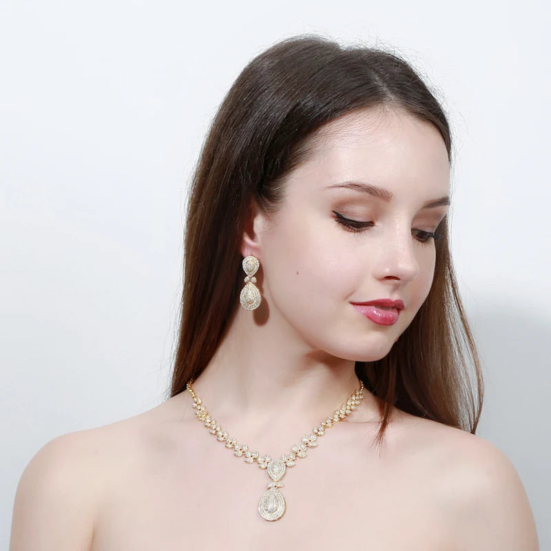 Dubai Gold Super Luxury Big Water Drop Cubic Zirconia African Jewelry Sets CZ Women Dangle Earrings Necklace for Wedding Bridal