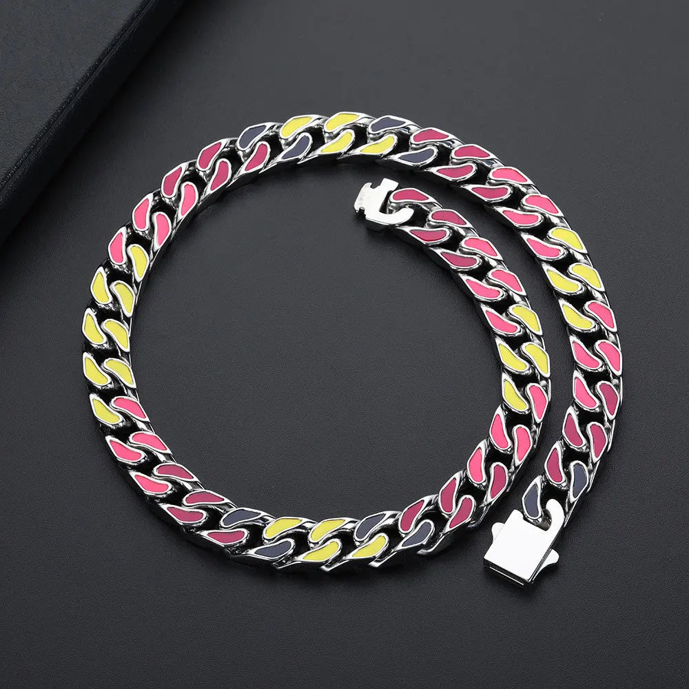 Hip Hop 12mm Colorful Oil Drop Stainless Steel Cuban Chain Niche Necklace Bracelet For Men