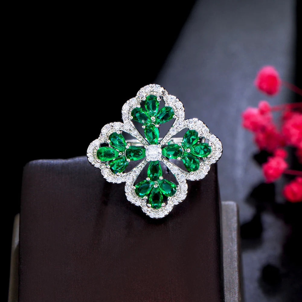 S&S CZ Pavé Chunky Flower Statement Ring – Colourful, Blue & Green – Collection