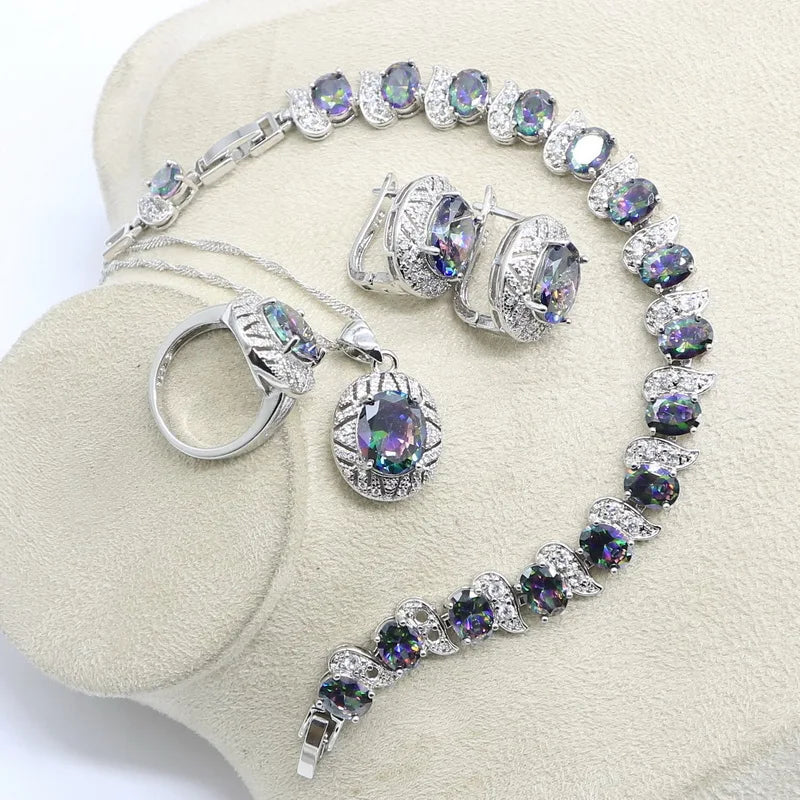 XOTICA Silver Jewelry Set for Women Olive Peridot White Zircon Includes Bracelet Earrings Necklace Ring-for Parties Weddings