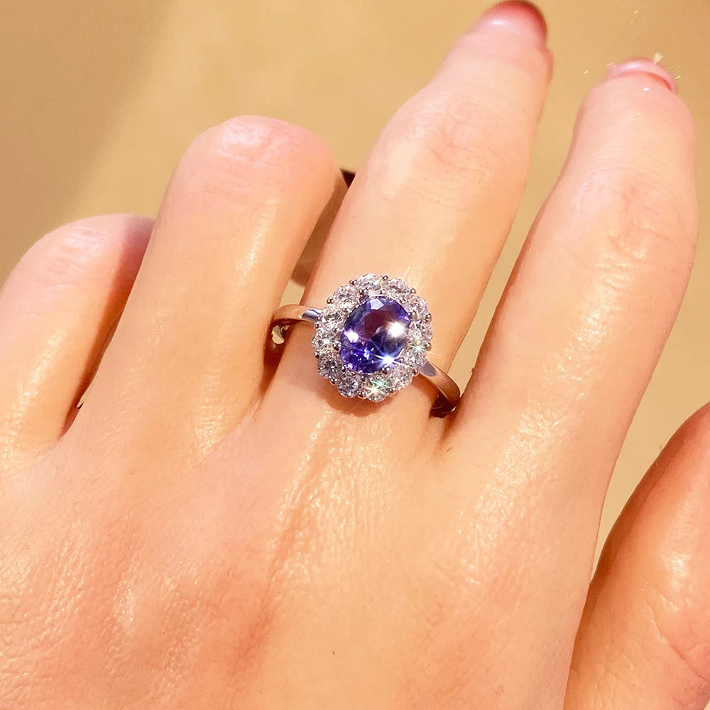 Gioiellieri S925 Sterling Silver Oval Cut Natural Tanzanite Rhodium Classic Ring-CMA Certified Sparkling Gemstone Evening Party Jewelry