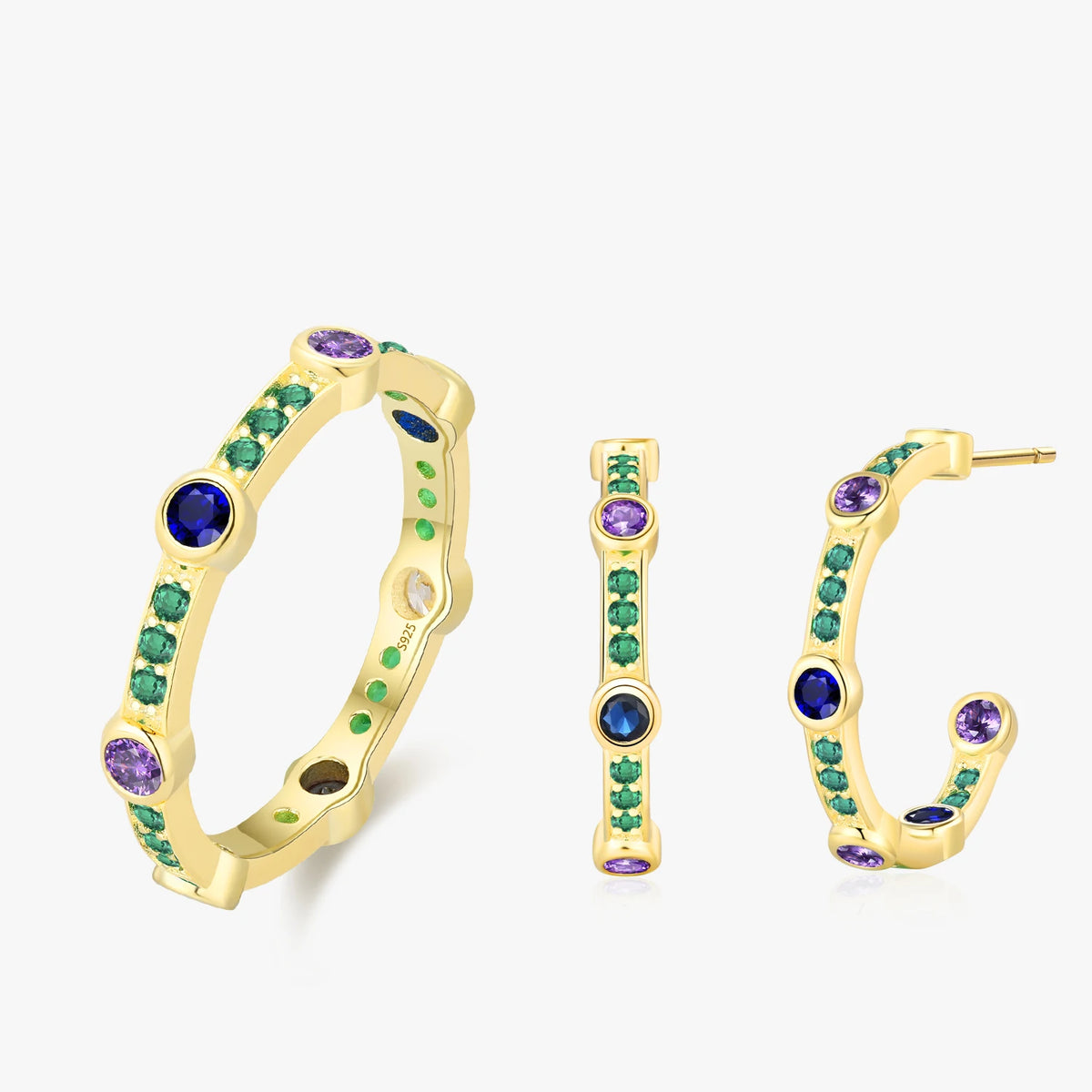 S&S Colourful Zircon Semi-Circular Ring & Earrings Set | 925 Silver Rhodium Plated | S&S Collection