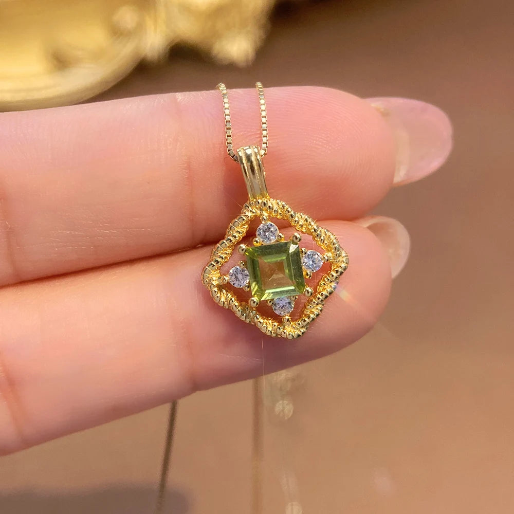 Gioiellieri Fashion Natural Peridot Necklace S925 Sterling Silver Inlay Simple Style Women Pendant Jewelry Anniversary Gift