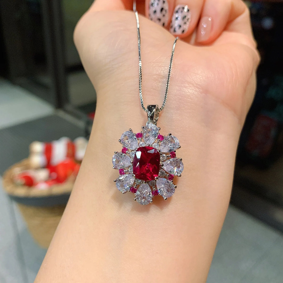 Gemfiori French Style Floral square Zirconia Necklace Personalized and Fashionable Ring Niche High-end Texture Set
