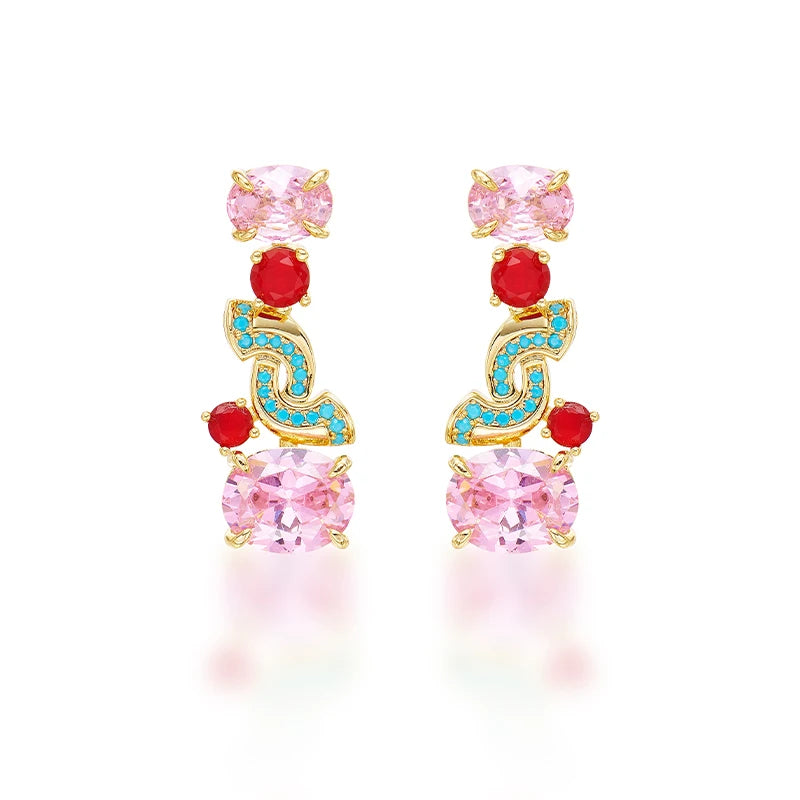New Pink Blue S-shaped Necklace Earrings Gold Plated Elliptical Colourful Zirconia Elegant Bridal Engagement Dress Set