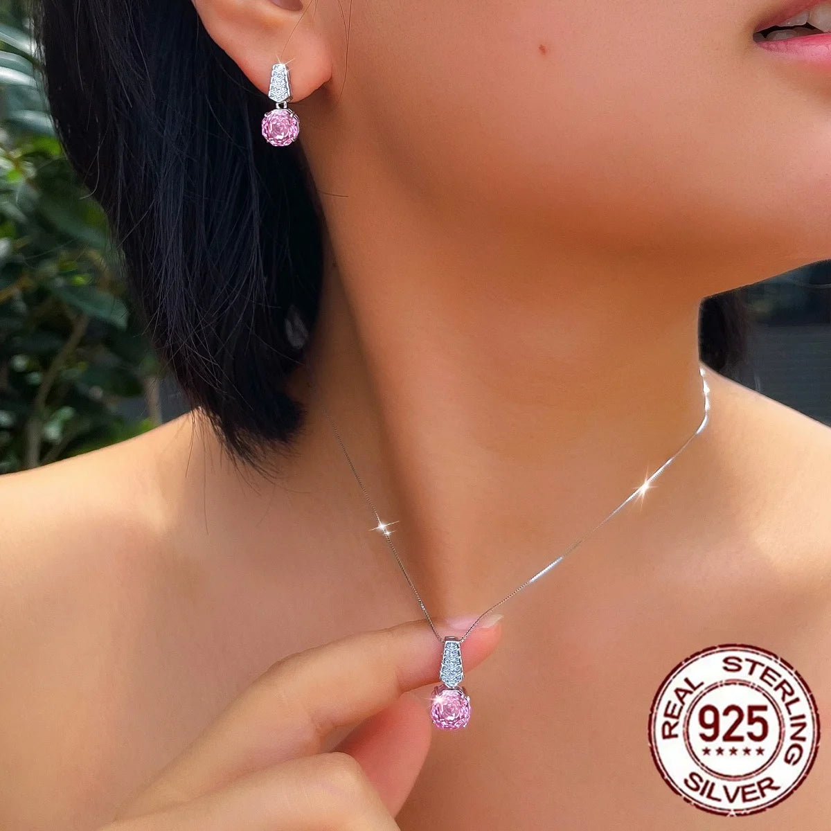 S925 Sterling Silver Pendant Necklace and Earrings Hypoallergenic Rose-Cut Cubic Zirconia V-Shaped Ladder Design Jewelry Set