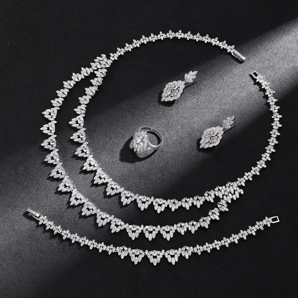 Palace-Inspired Multi-Layer Water Drop Zirconia Necklace & Earrings Set — Rhodium Plated Silver