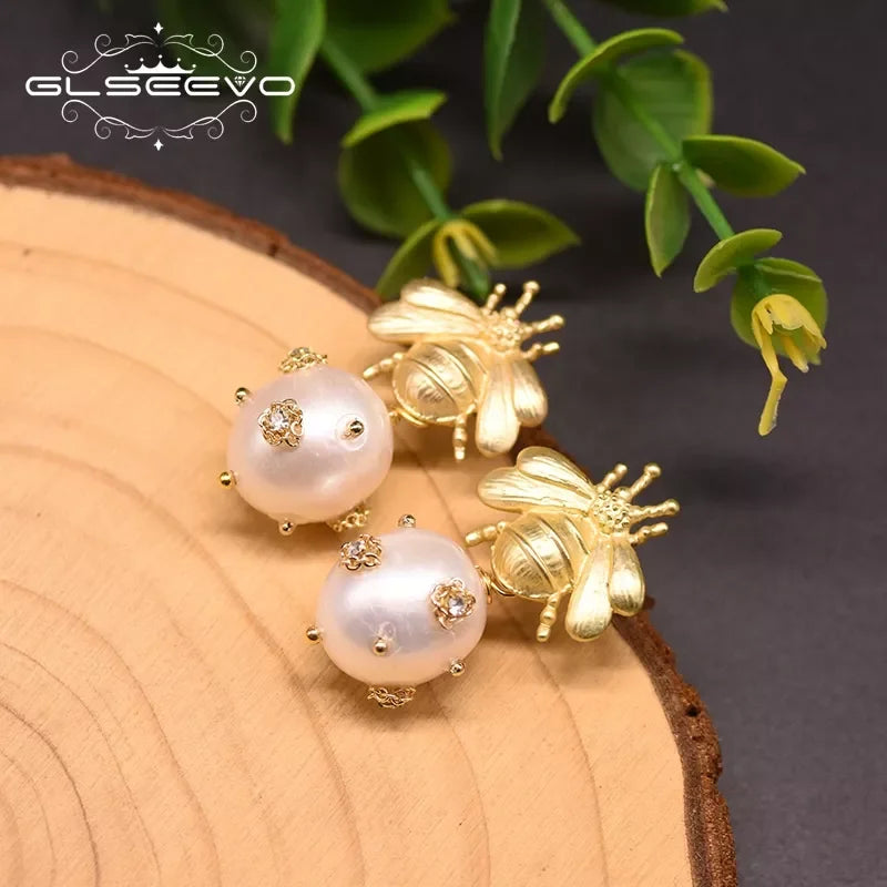 Natural Freshwater Big Pearl Drop Earrings for Women Wedding Engagement Bee Dangle Earrings Fine Jewelry