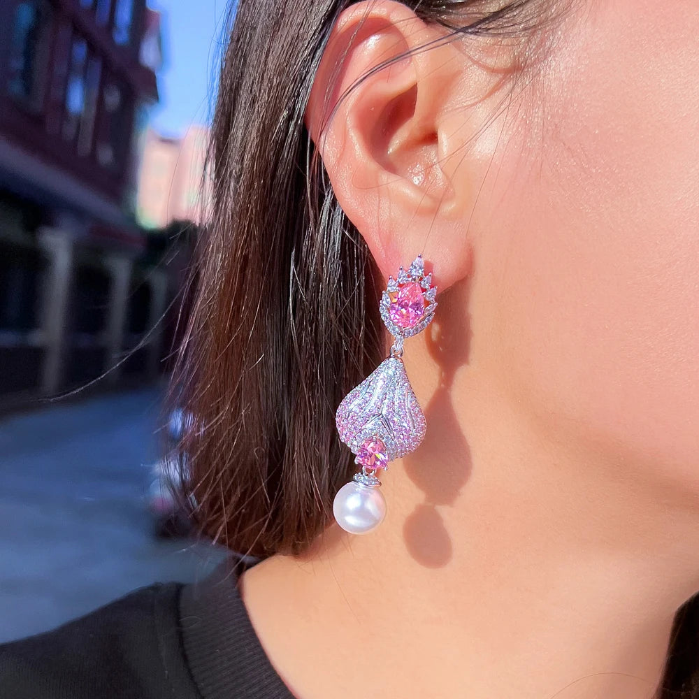 S&S Pink CZ Pavé Pearl Huggie Drop Earrings – Pear Cut – Rhodium Plated – Collection