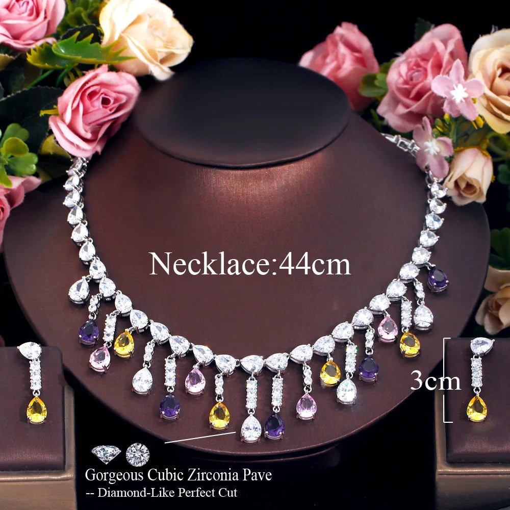 Silver Plated Full Water Drop Multicolor Cubic Zircon Stone Tassel Necklace and Earring Prom Engagement CZ Jewelry Set for Women