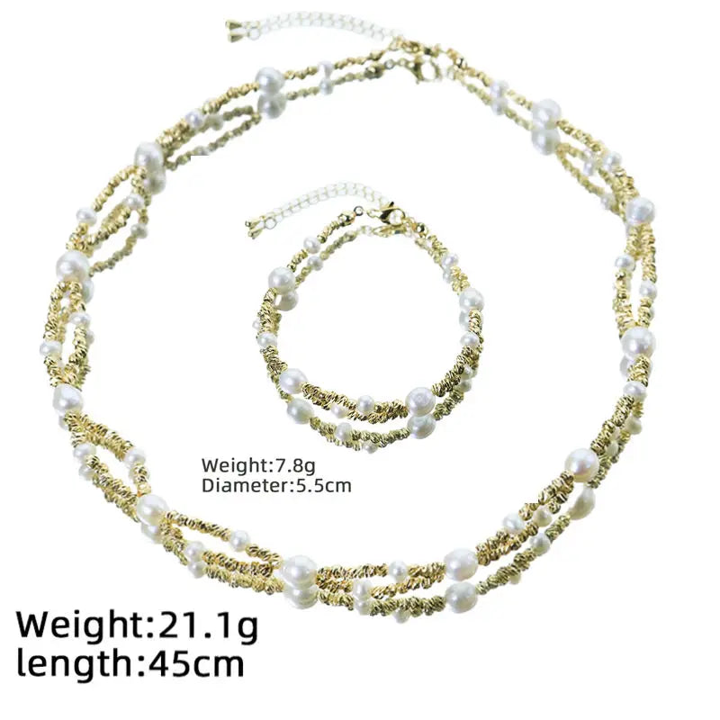GLSEEVO Natural Freshwater Pearl & Twisted Gold Wire 2-Piece Jewellery Set — Necklace & Bracelet