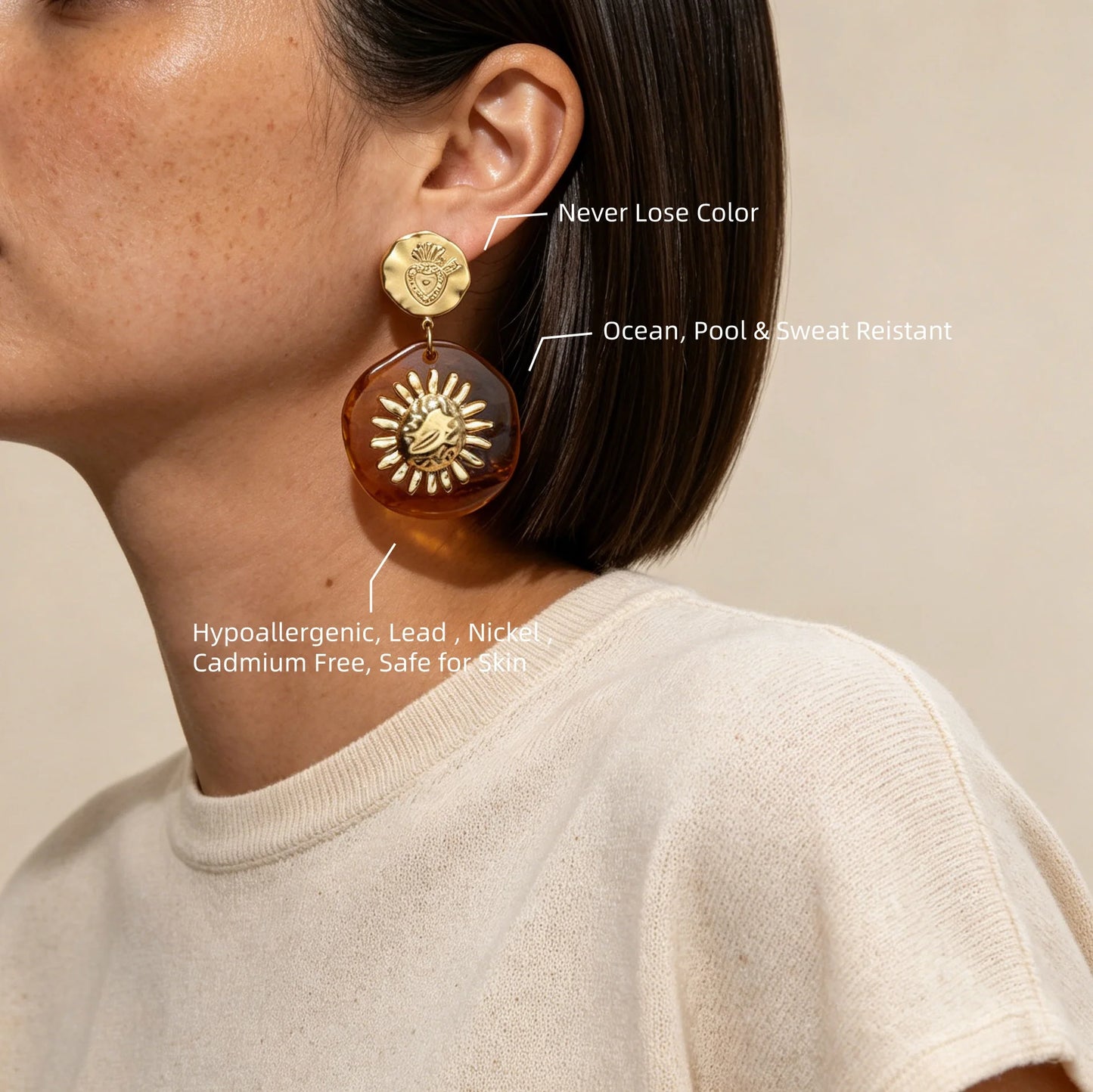 Joolim PVD Plated Wholesale Waterproof Fashion Boho Retro Chunky Daisy Acrylic Dangle Hoop Earring Stainless Steel Jewelry