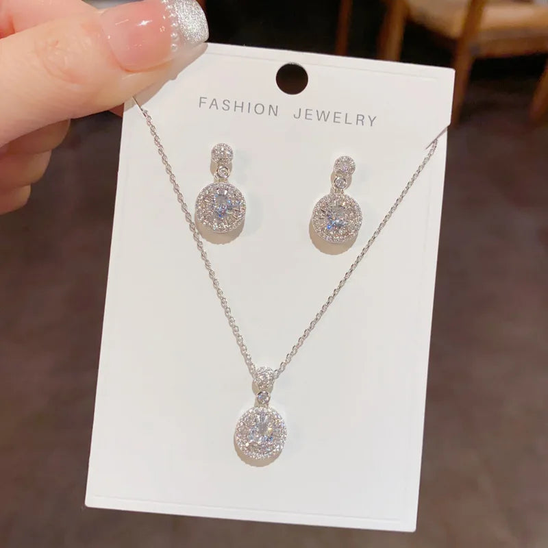 Top Quality Fashion Exquisite Copper Necklace and Earrings Set with Zircon Classic Real Gold Plated Jewelry Set for Women