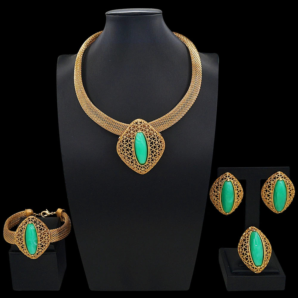 Zhuerrui Gold Plated Jewelry Set for Fashion Women Green Crystal Pendant Necklace Party Wedding Luxury Accessories HC25003