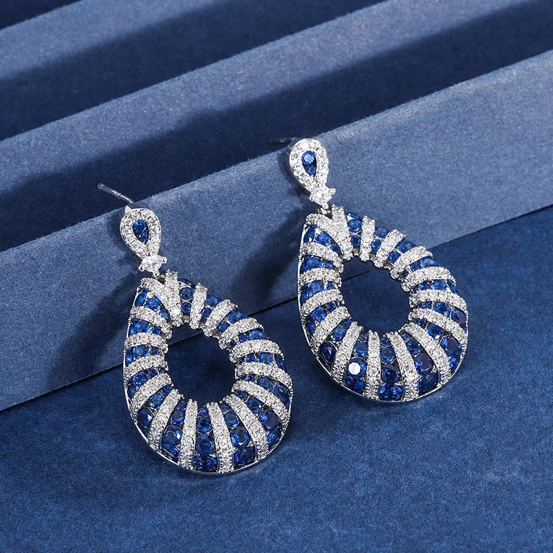 Gemfiori Korean Style Earrings Pendant Inlaid with Blue Zircon Set Personalized Design Fashionable Jewelry