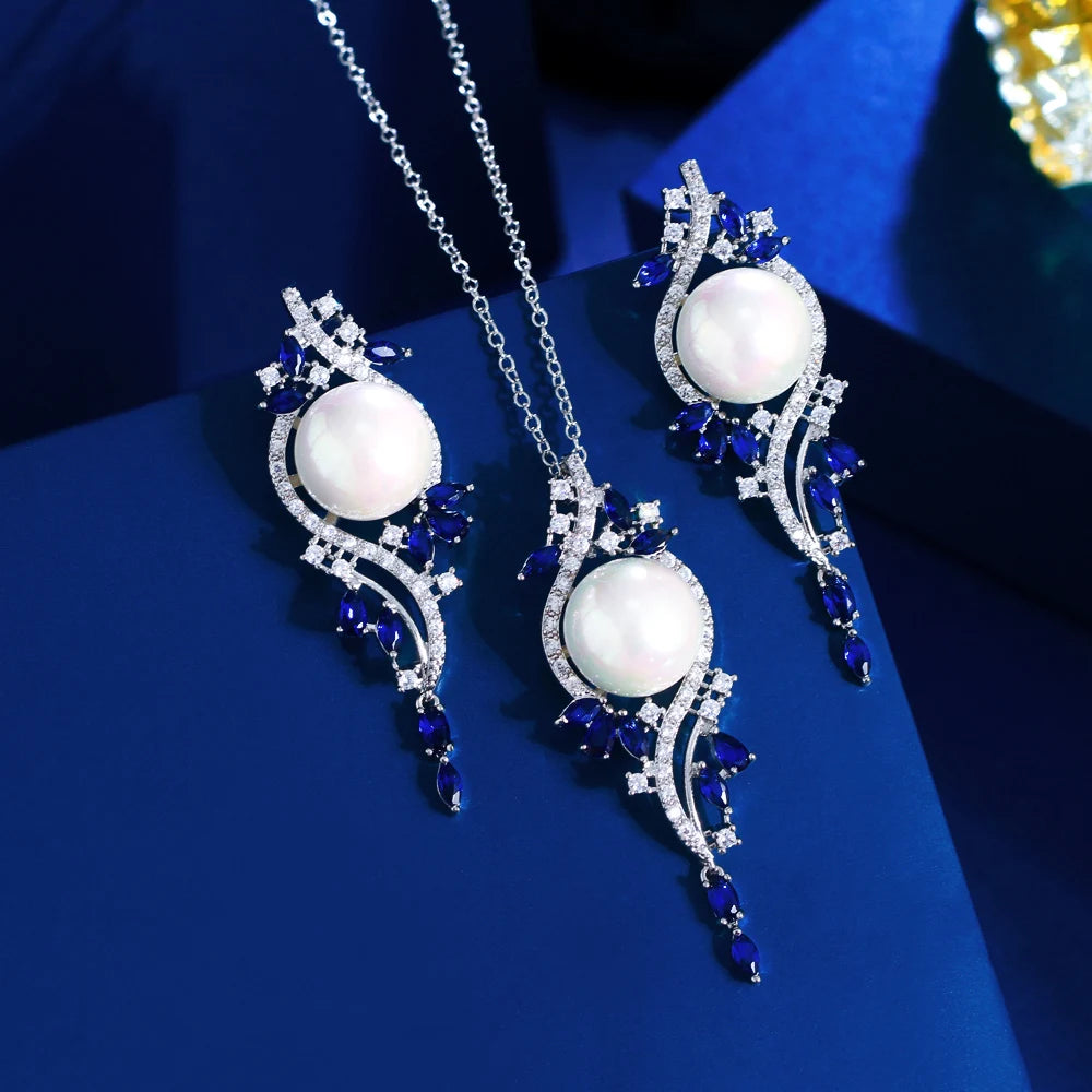 Sparkling Top Cubic Zircon Pave Imitation Pearl Long Pedant Necklace and Earrings Green Blue White Jewelry Set for Women
