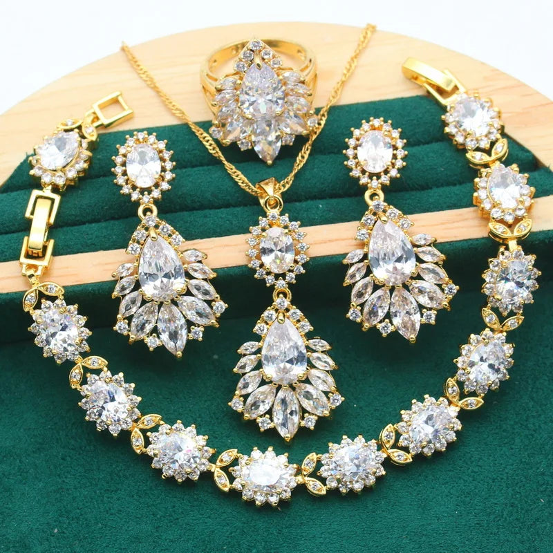 XOTICA Yellow Gold Plated Jewelry Set Women Wedding Sapphire Water Drop Trendy Blue White Crystal Claw Setting Bracelet Earrings