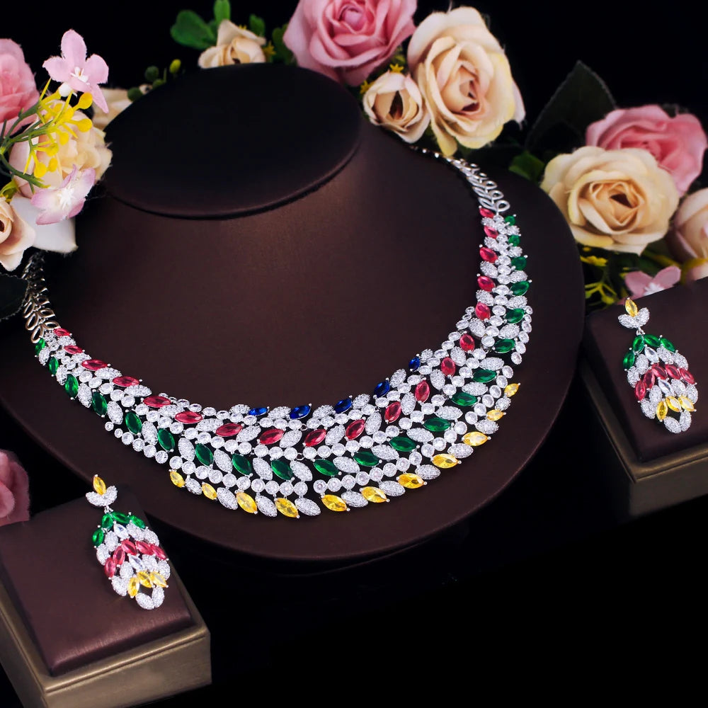Mixcolor Cubic Zircon Leave Shape Dubai Bridal Luxury Big Bold Jewelry Set for Women Wedding African Statement Jewellery