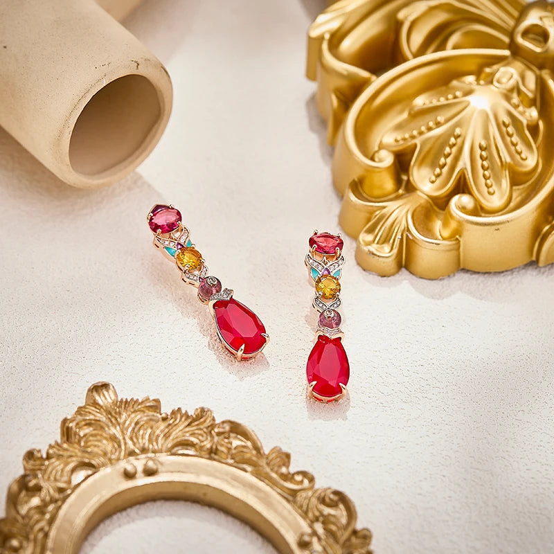 Baroque Luxury Red Zirconia Pear Shaped Necklace Earrings 2-piece Set Spring Buckle Brass Enamel Craft Women's Gift