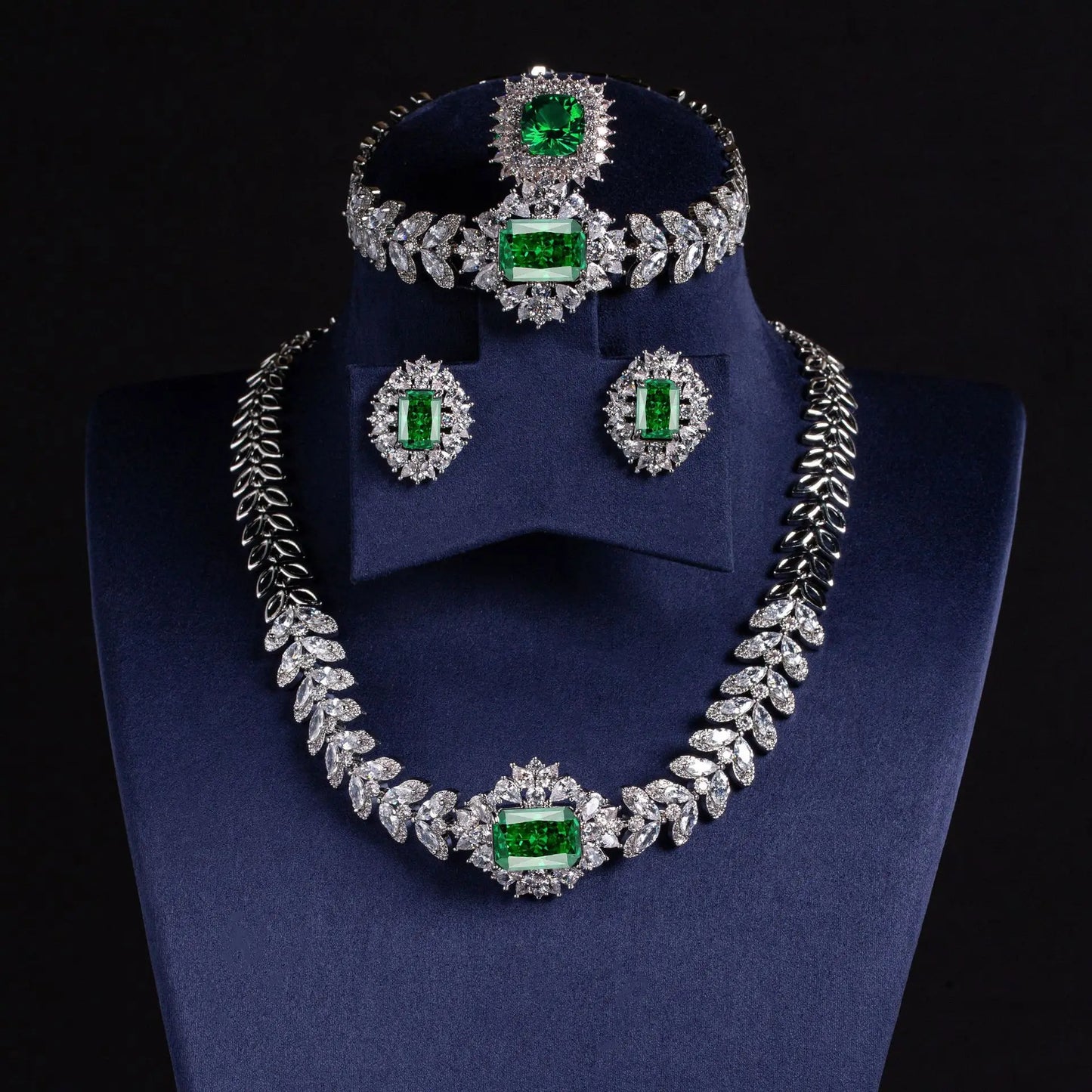 Dubai-Style Cubic Zirconia 4-Piece Bridal Jewellery Set — White, Red & Green