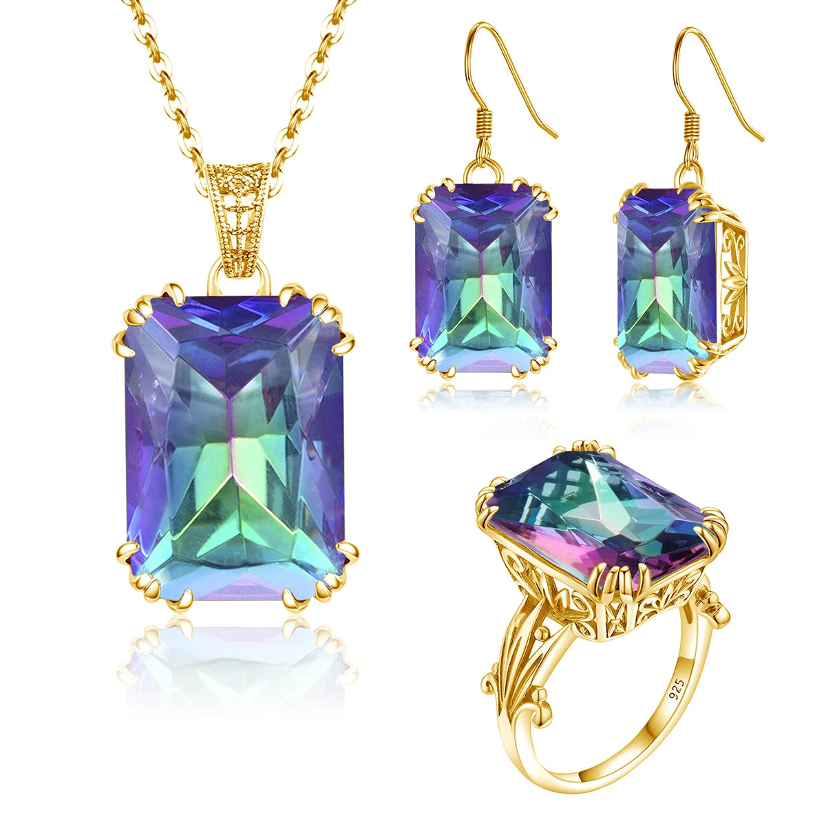 ArtistA New Women Gemstone Ring Earrings Pendientes Boho Wedding 925 Sterling Silver Amethyst Gold Jewelry Set