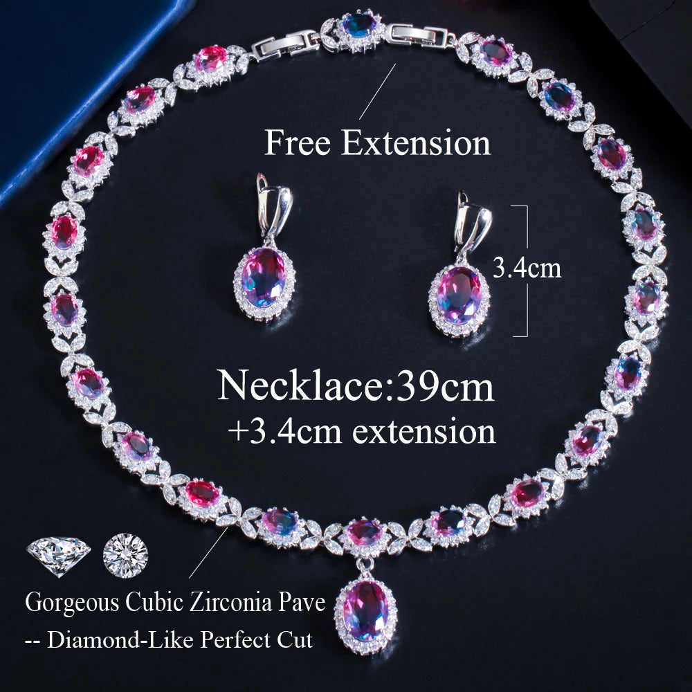 Elegant Mystical Rainbow Cubic Zirconia Crystal Oval Drop Leaf Earrings and Necklace Set for Women Evening Party Jewelry Gift