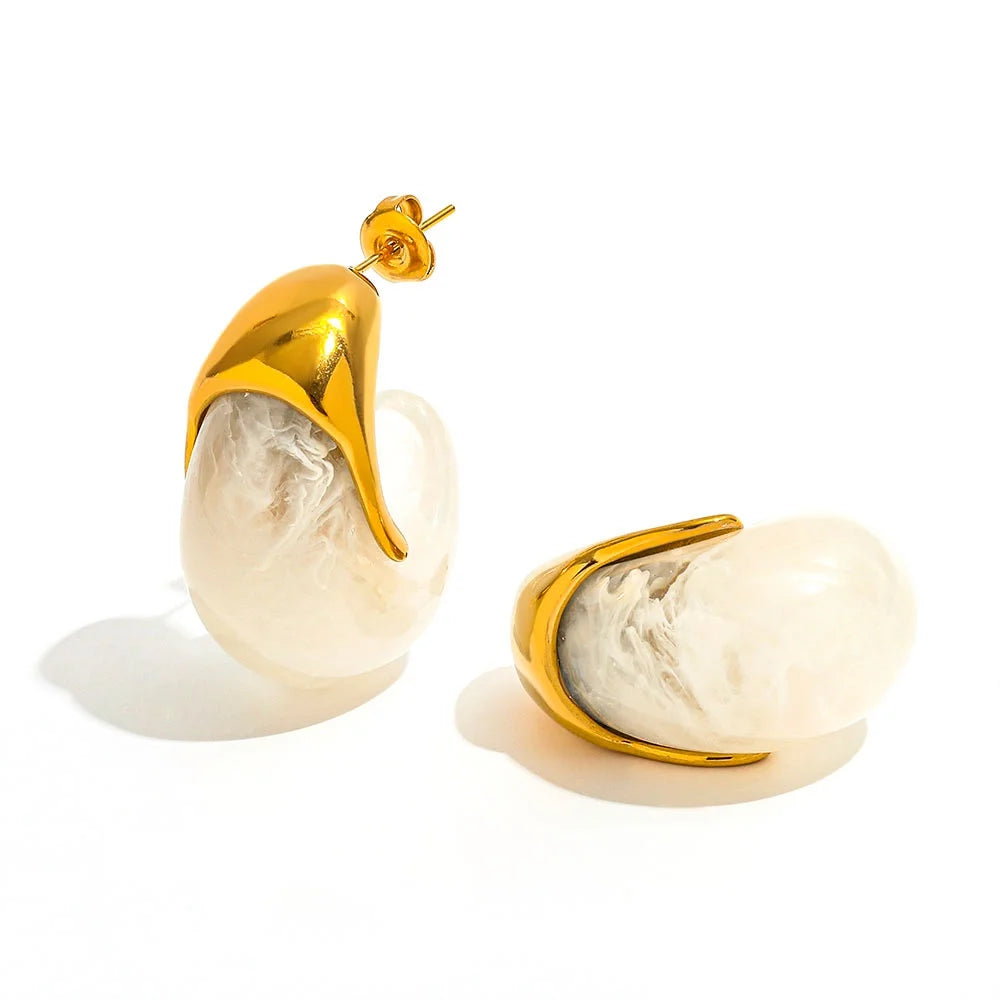 Joolim PVD Plated Wholesale Waterproof Chunky Vintage Marble Pattern Resin Pear C Shape Hoop Earring Stainless Steel Jewelry