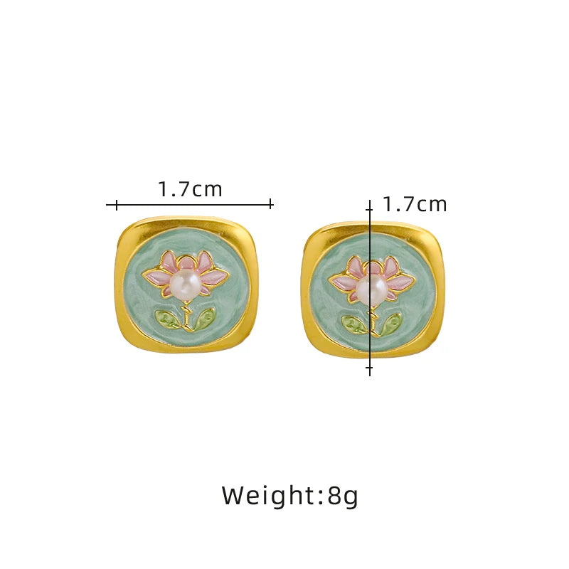 Natural Pearl Green Relief Flower Square Earrings Korean Style Women Luxury Jewelry Fashion Ladies and Girls Gift GE1581
