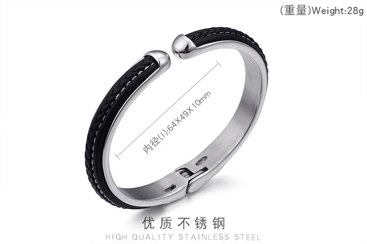 KALEN Stainless Steel Black Leather Bangle Charm Cuff Bracelets & Bangles for Men