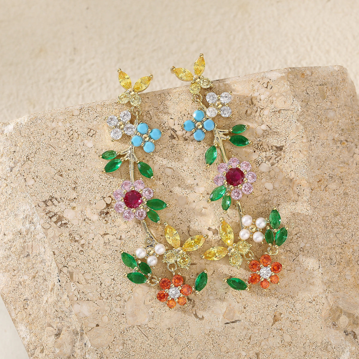 Luxury Women's Multicolor Zircon Flower Statement Earrings Unique Design Pendant Brass Jewelry for Parties