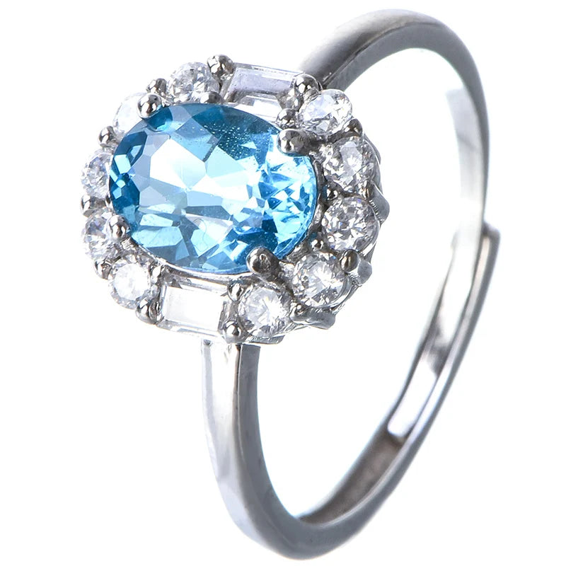 Gioiellieri Adjustable Opening 925 Sterling Silver Luxury Rhodium Plated Oval Cut Natural Topaz Gemstone Rings Prong Setting Certified