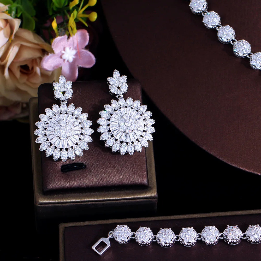 Luxury Round-Cut Zirconia 4-Piece Pendant Necklace, Earrings, Bracelet & Ring Bridal Set — Rhodium Plated