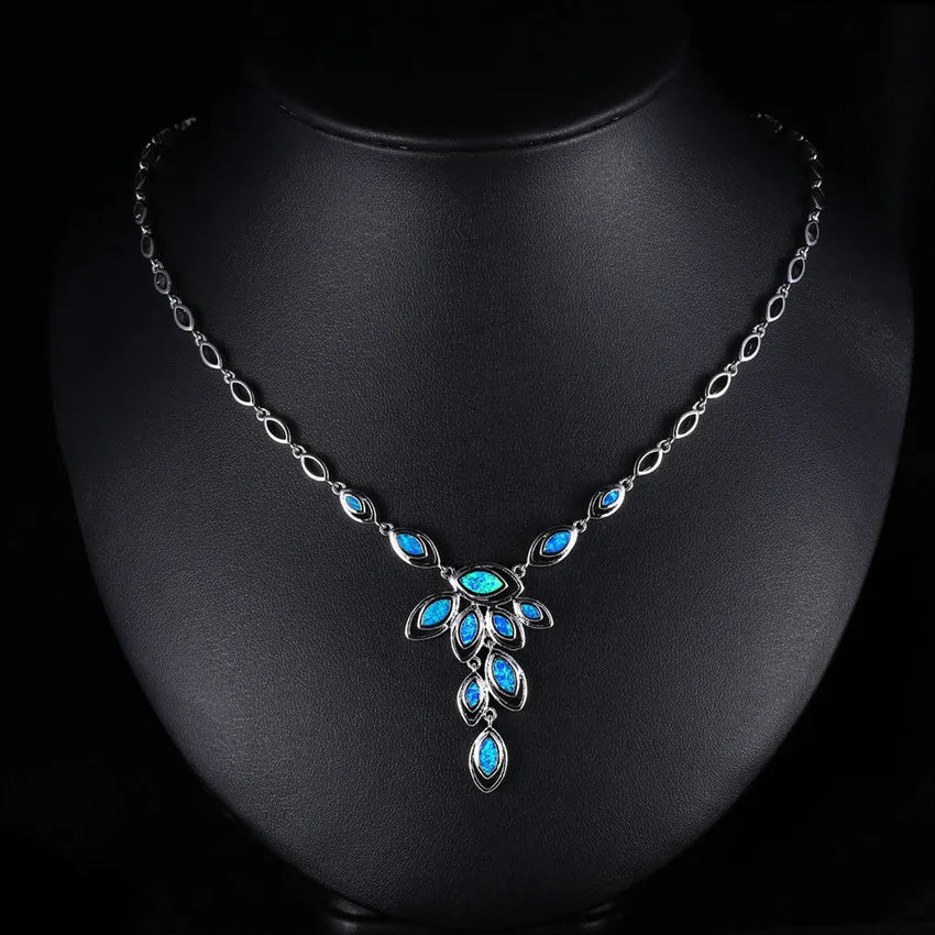 Aobao Silver Plated Copper Alloy Opal Feather Lariat Necklace Minimalist Design for Anniversary & Party Occasions